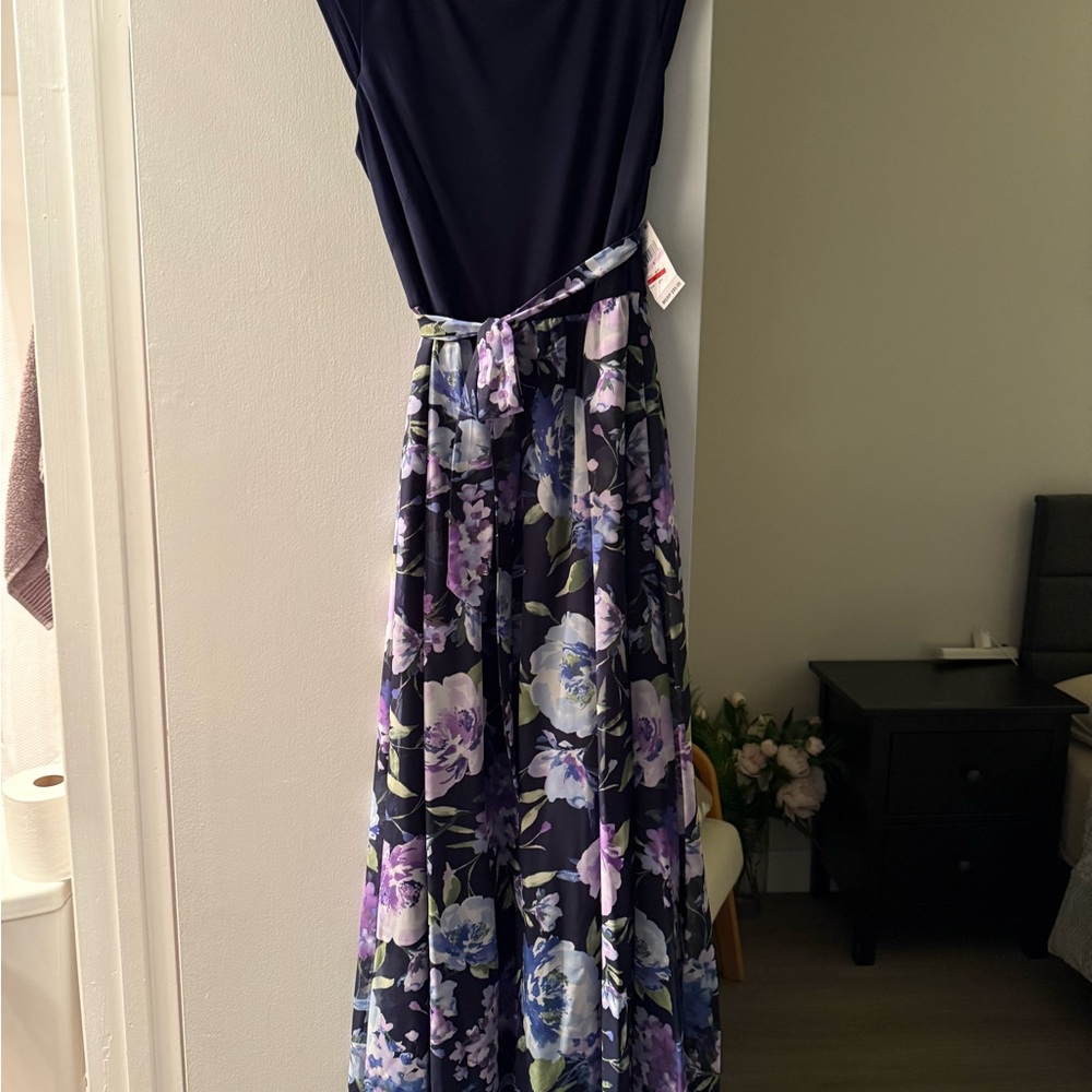 SLNY Navy Dress with Purple & Green Floral Skirt